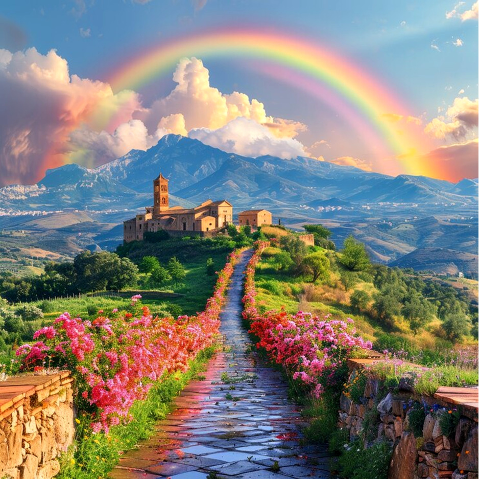 Mountain Village with Rainbow