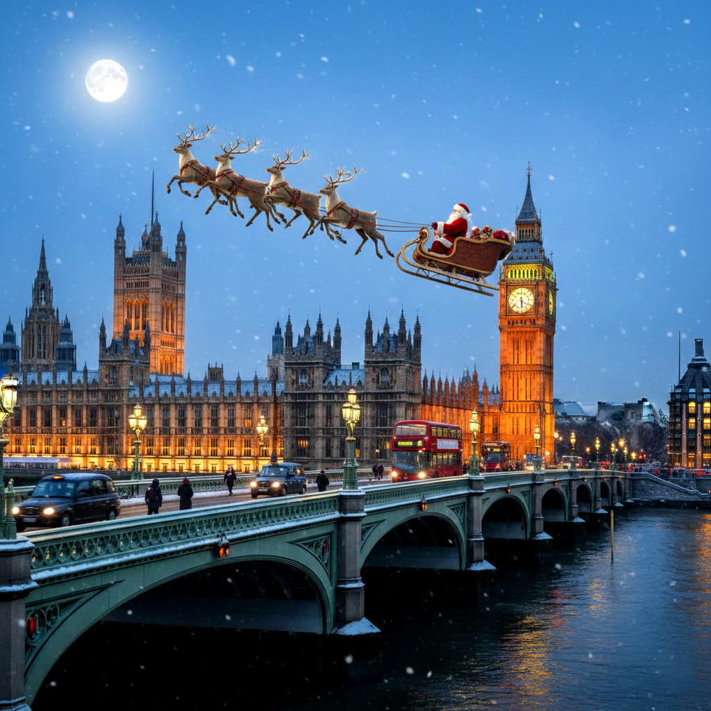Santa's sleigh with reindeer flying over Big Ben and Westminster Bridge at night with full moon and falling snow