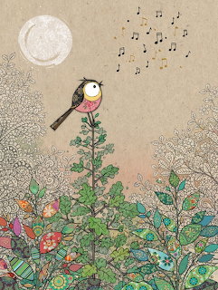 Illustrated bird singing musical notes perched on a tree with decorative leaves and a moon