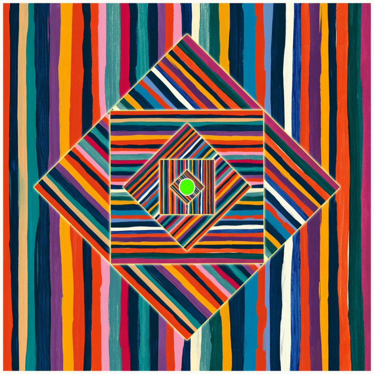 Geometric abstract art with rotating striped squares and central green circle on rainbow striped background