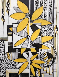 Stylized yellow flowers over black and white geometric patterns with Art Deco design elements