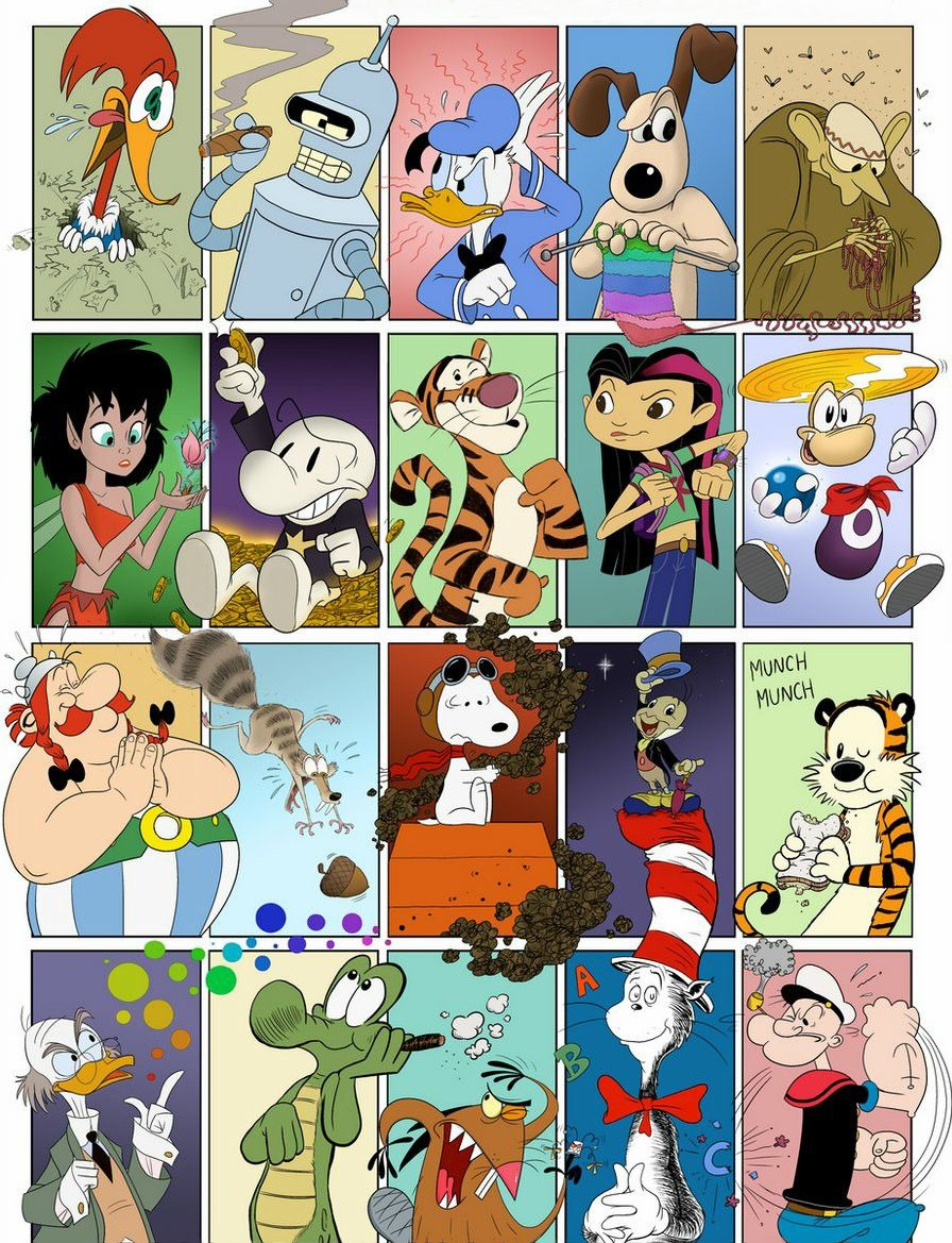 Grid collage of classic cartoon characters including Bender, Donald Duck, Snoopy, Tigger, Cat in the Hat, and Popeye