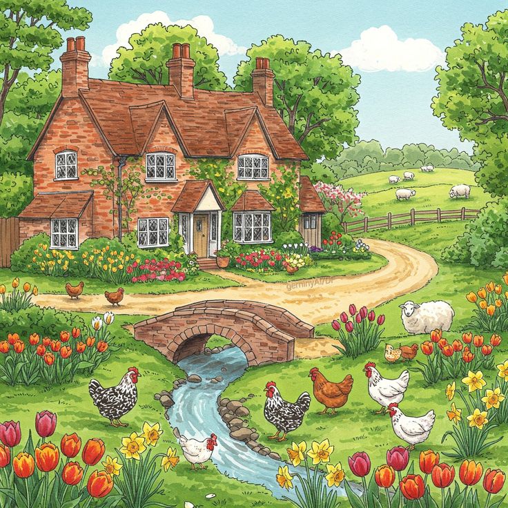 Illustration of a red brick country house with flower gardens, chickens, and a stream with stone bridge in rural landscape