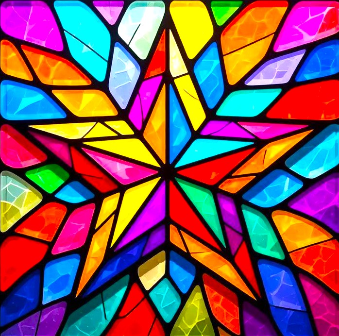 Colorful stained glass star with rainbow geometric pattern radiating from center