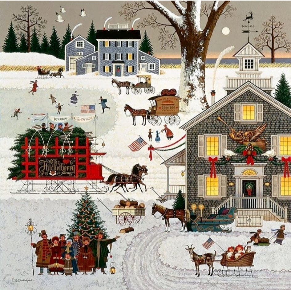 Snowy winter village with decorated houses, horses, sleighs, and people celebrating Christmas outdoors