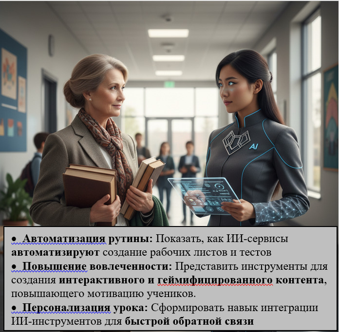 Older teacher with books talking to a futuristic AI woman holding a tablet in a school hallway