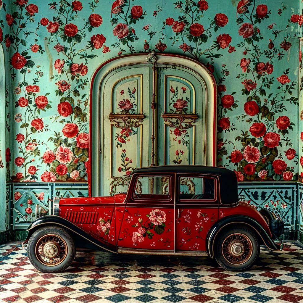 Vintage red car in a floral room with rose wallpaper and a checkered floor