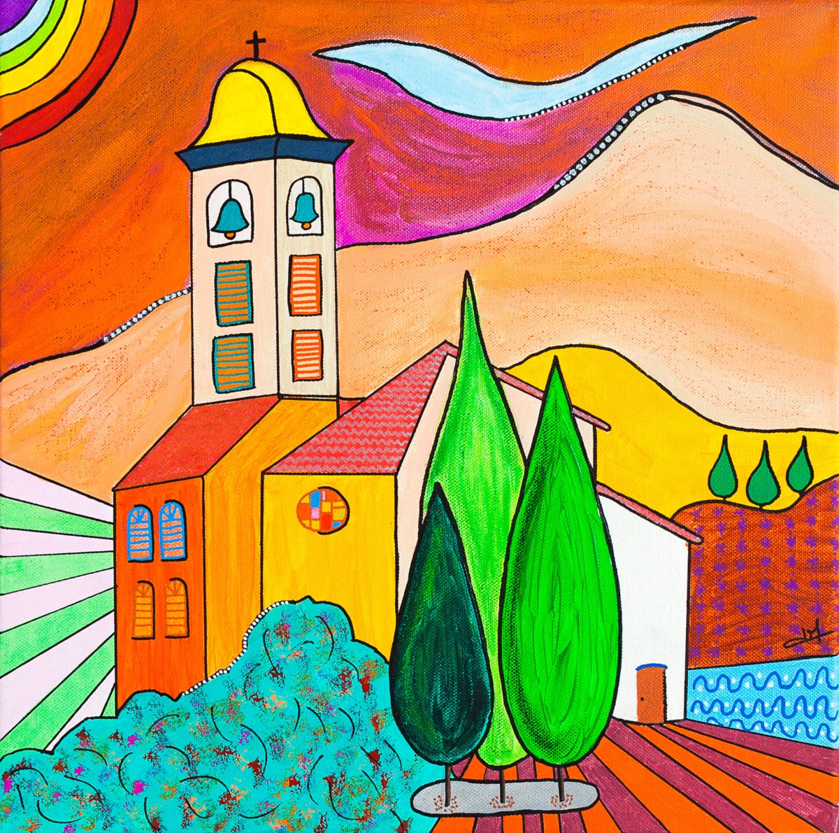 Colorful stylized painting of Provence village with church tower and cypress trees under orange sky