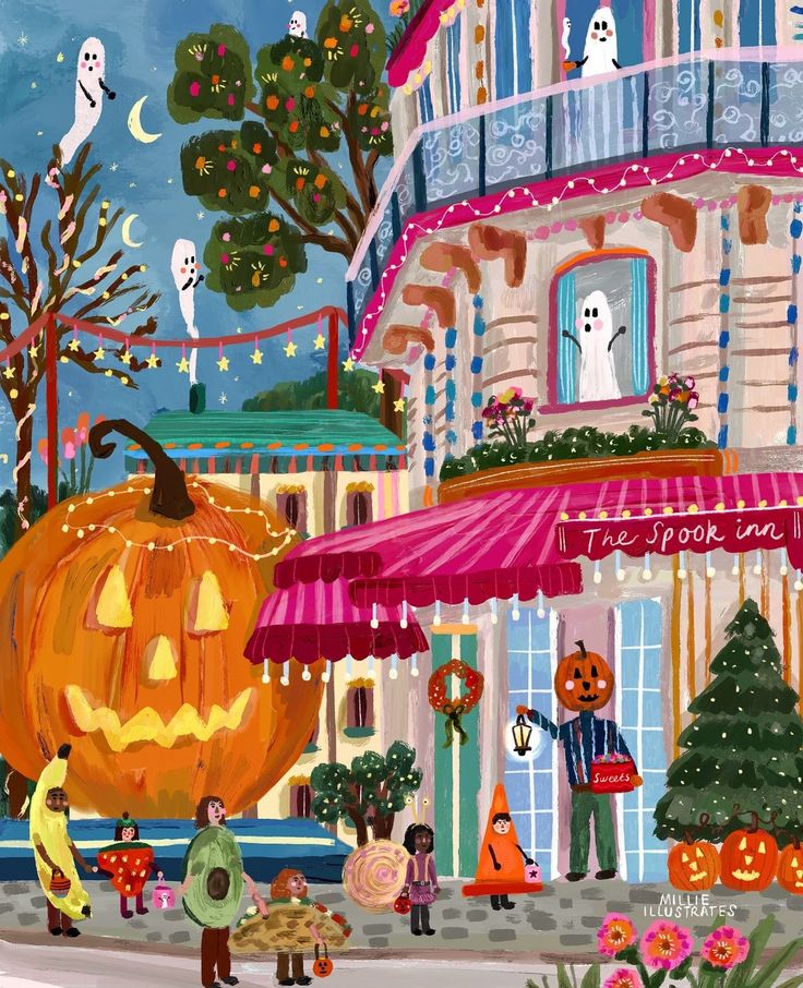 Festive Halloween street scene with pumpkins, ghosts, and costumed children by a colorful striped building