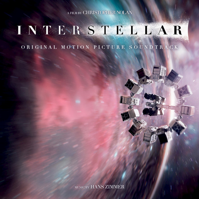 Interstellar movie soundtrack album cover with spacecraft in cosmic nebula