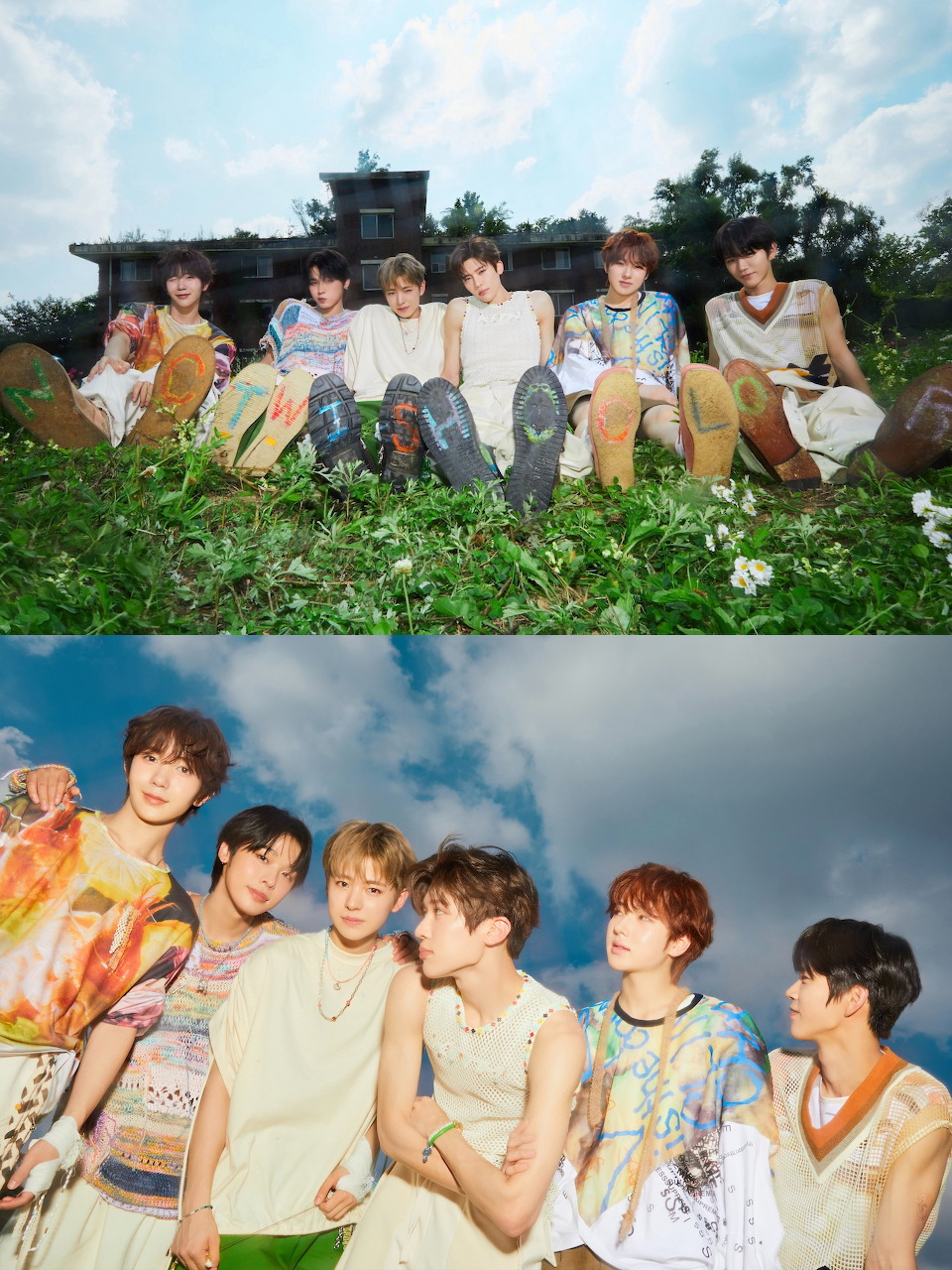 Two group photos of NCT WISH members outdoors, one grass and one against a blue sky at dusk