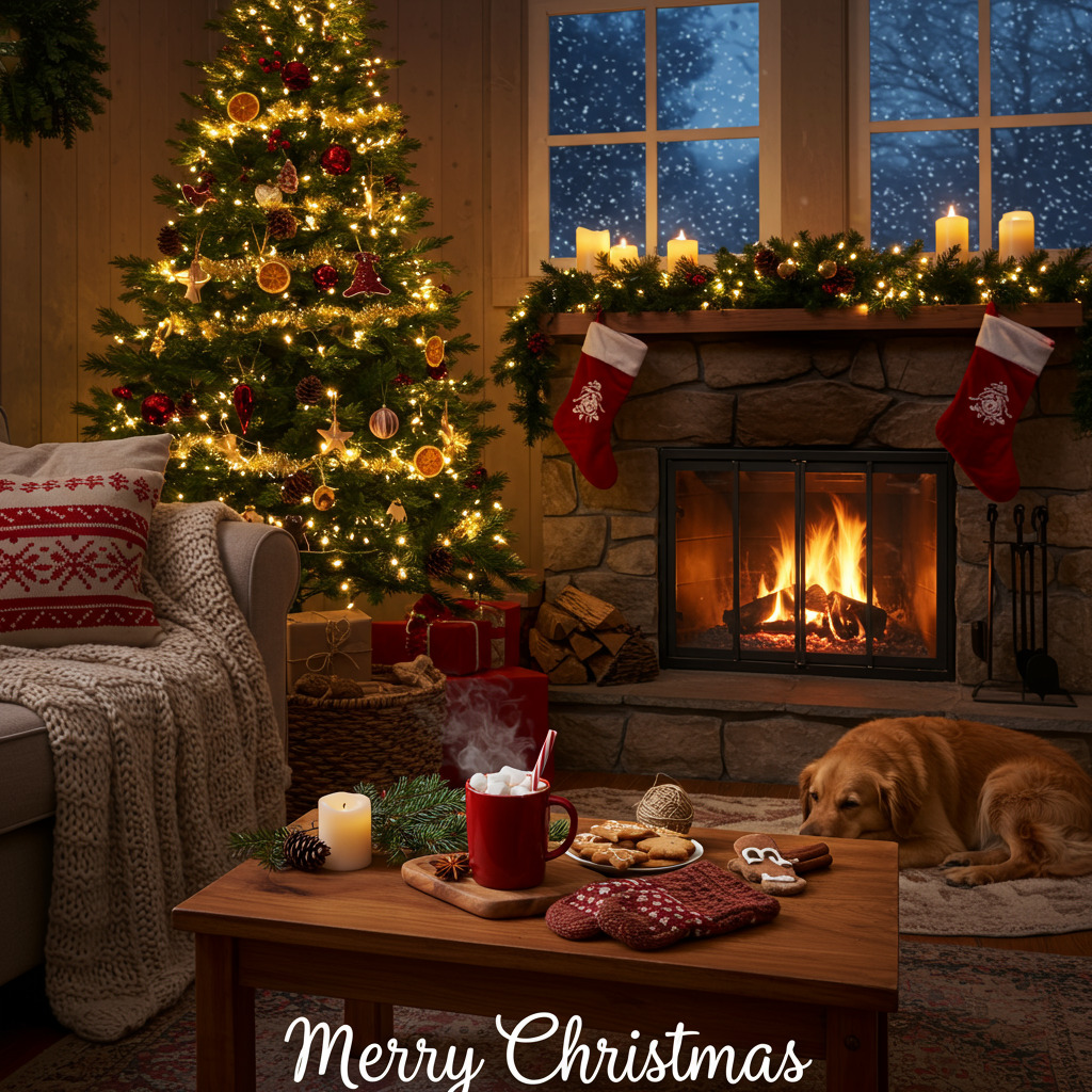 Cozy living room with lit Christmas tree, fireplace, stockings, and dog resting on floor near coffee table