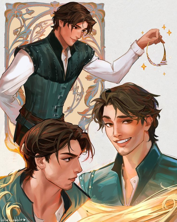 Illustration of Flynn Rider in three portrait poses wearing a teal vest and white shirt