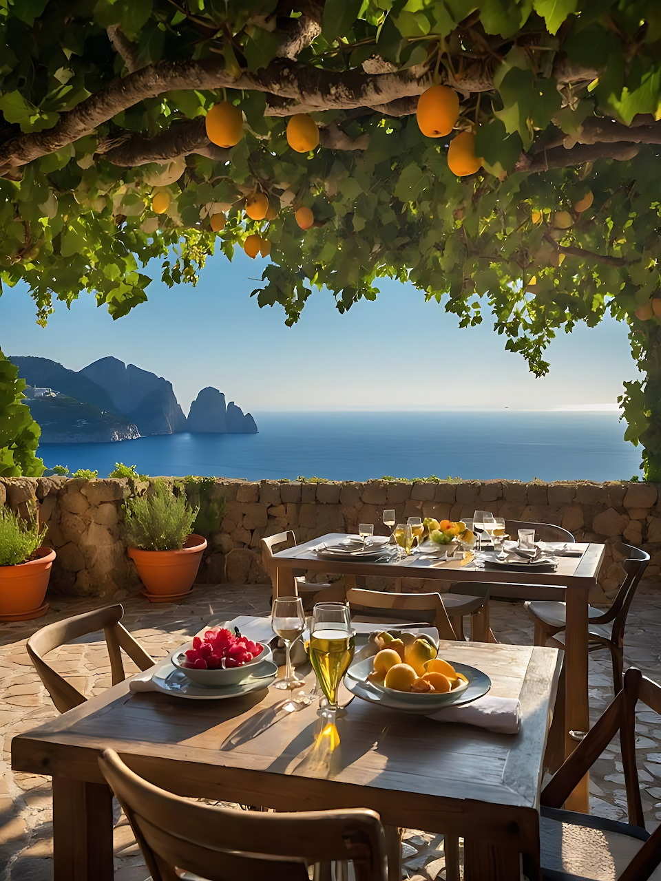 Outdoor dining terrace under orange trees with sea view and rocky islands in the background