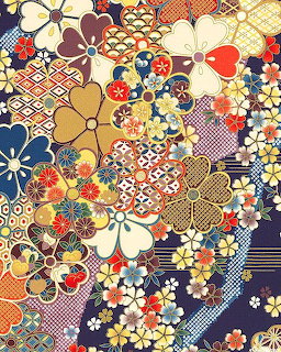 Traditional Japanese pattern with cherry blossoms, fans, and geometric designs in red, gold, and navy