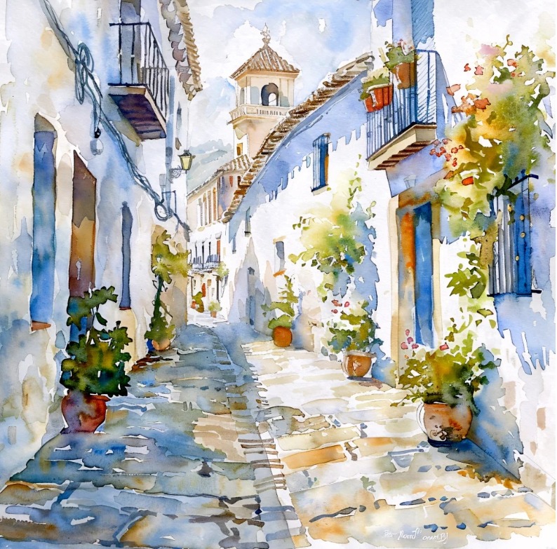 Watercolor painting of narrow Mediterranean village street with white buildings, blue accents, and flowering plants