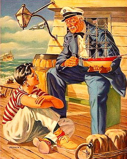 Sailor in uniform sitting on dock pier showing toy sailboat to young child, ship and lamp post behind, sunset sky