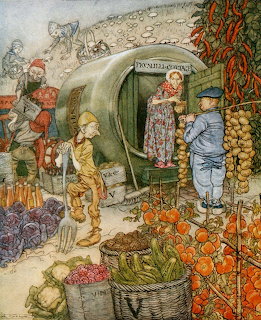 Fairy tale illustration of elves and gnomes around a magical dwelling surrounded by colorful flowers and garden produce