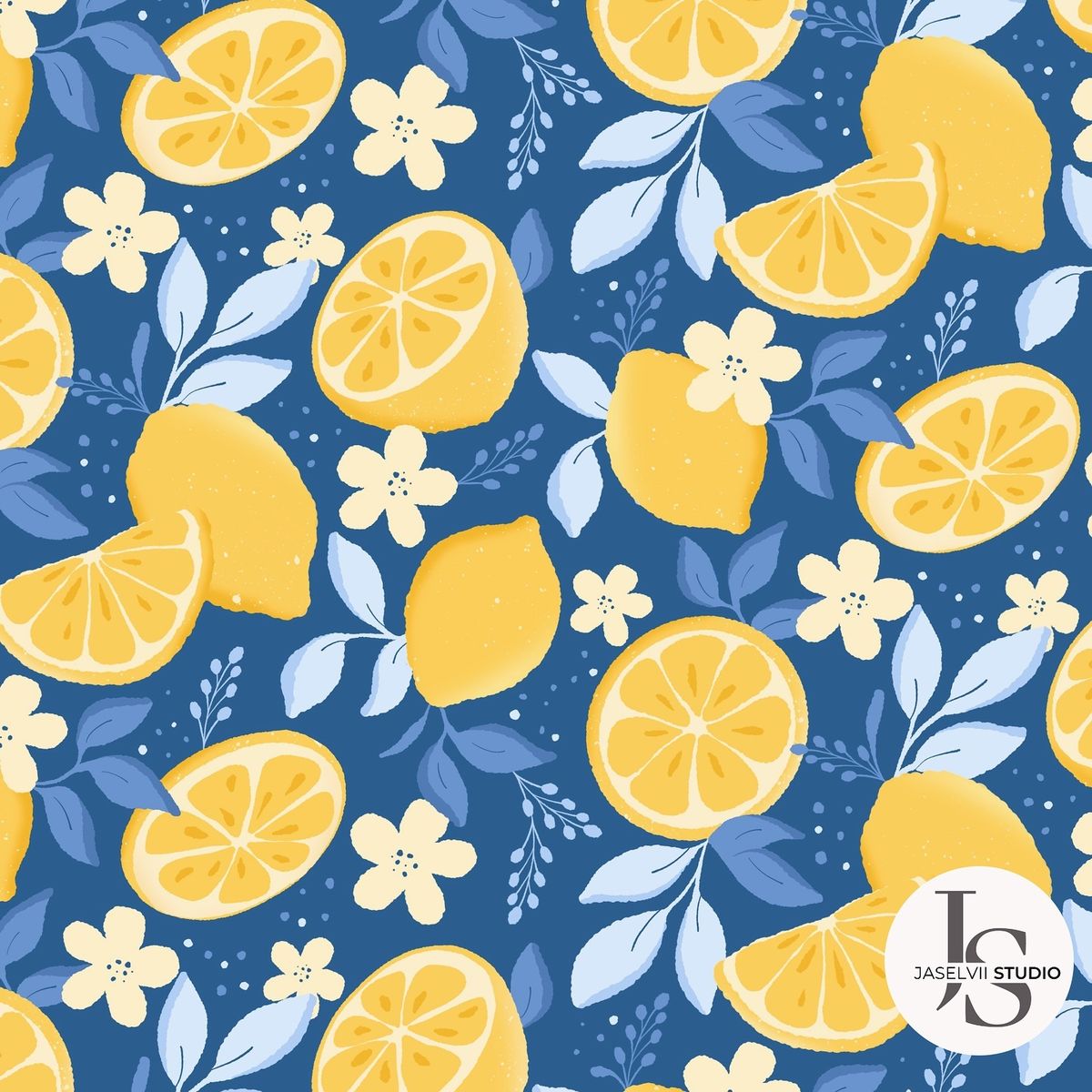 Illustrated lemon pattern with yellow lemons, slices, white flowers, and blue leaves on a dark blue background