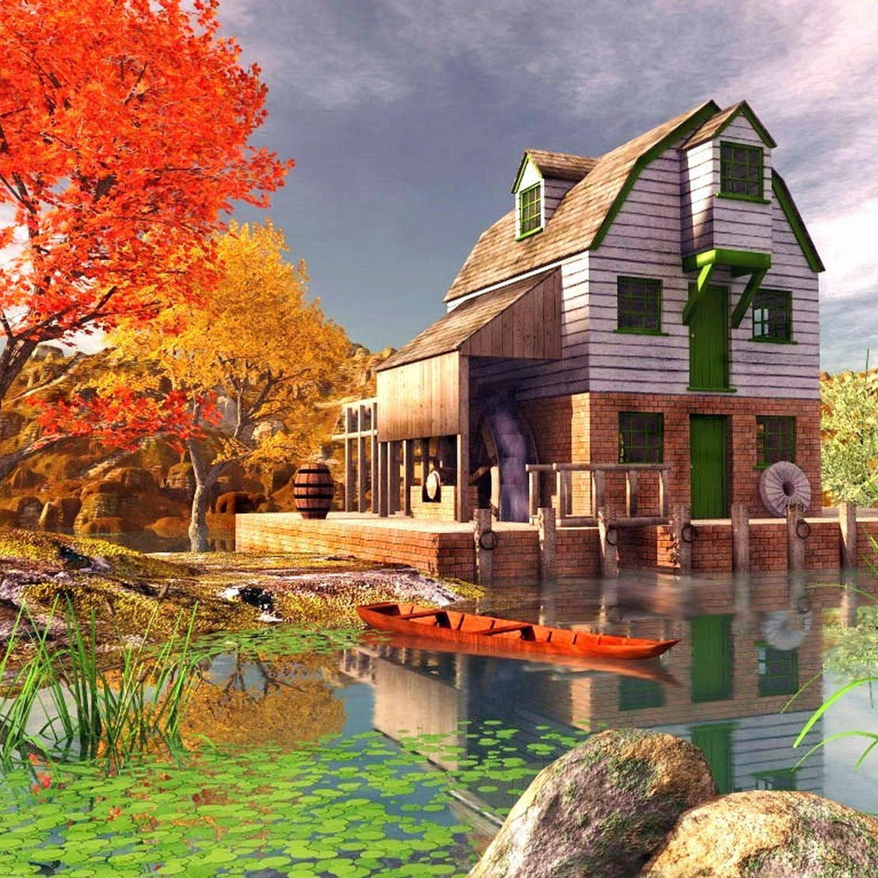 House with autumn trees and orange kayak on pond under cloudy sky