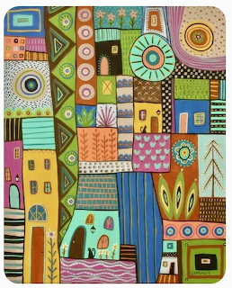 Patchwork folk art with colorful houses, geometric patterns, and decorative motifs in a grid layout