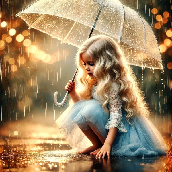 Girl in blue dress sitting with umbrella in rain surrounded by golden lights