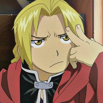 Anime character with blonde hair in red coat making peace sign gesture