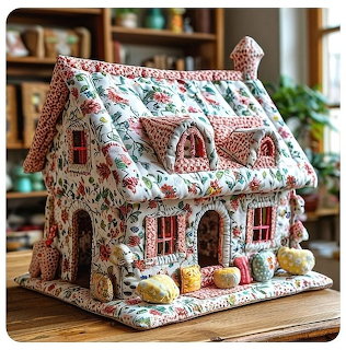 Quilted floral fabric house with pink windows and roof trim on a wooden table indoors