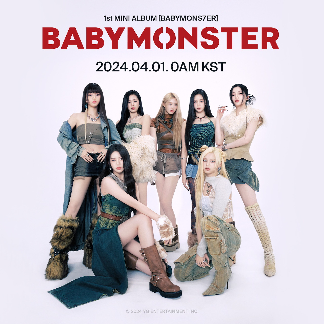BABYMONSTER promotional poster showing seven women posing in coordinated fashion outfits