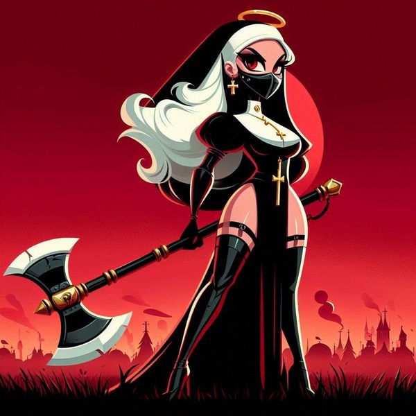 Hooded woman warrior in black armor holding battle axe against red sunset background