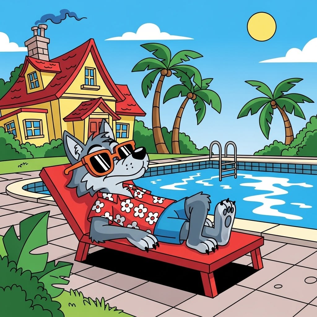Wolf relaxing by the pool