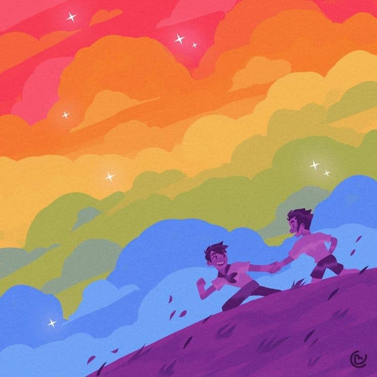 Illustration of two people climbing a purple hill under a rainbow-colored sky with stars and colorful clouds