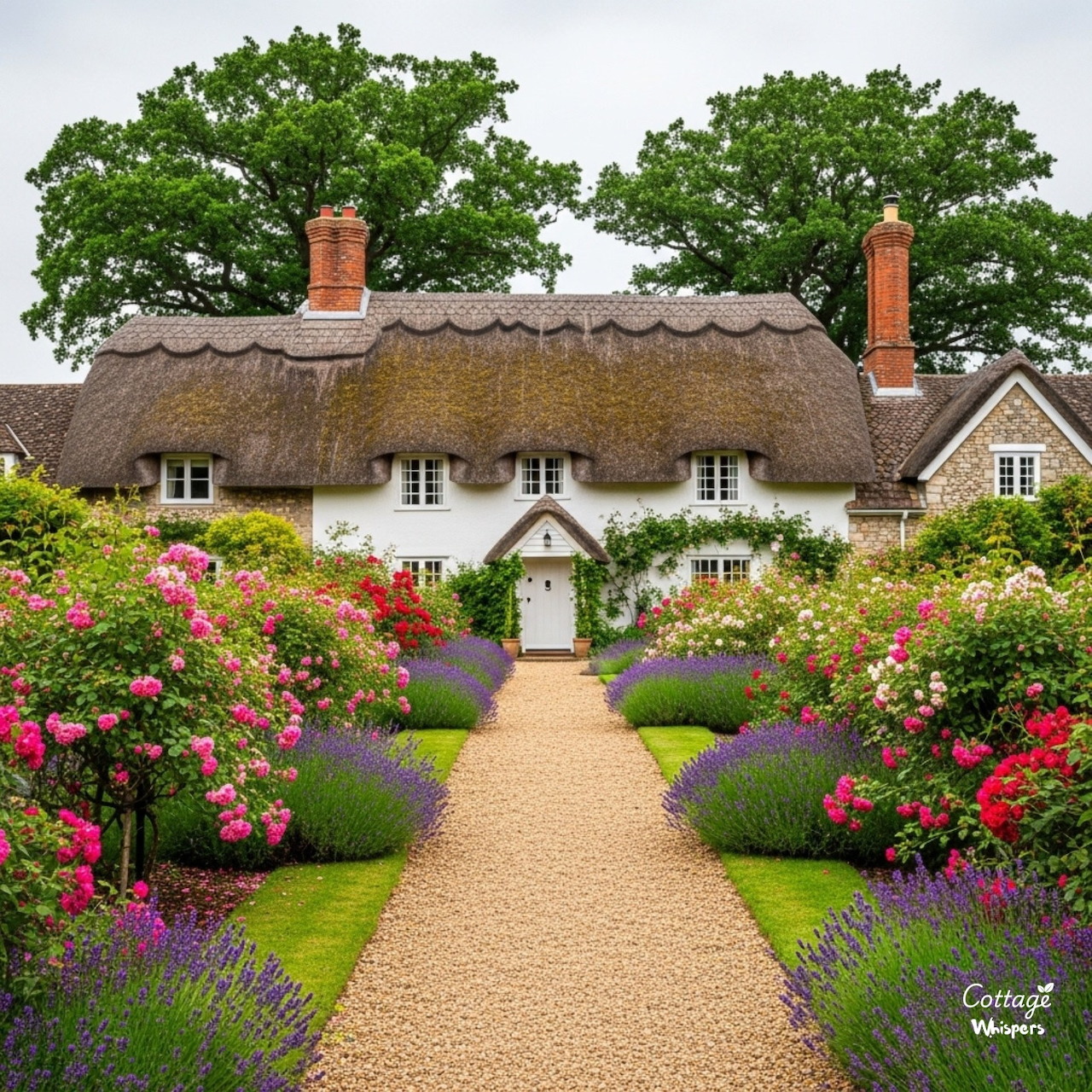Thatched cottage with a gravel path through a colorful flower garden