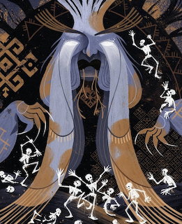 Dark goddess illustration with flowing blue and gold robes surrounded by dancing white skeletons and folk patterns