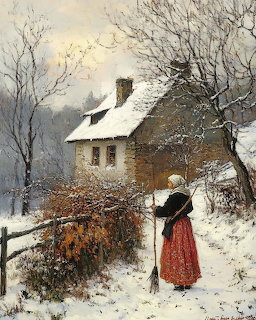 Woman in red skirt by snowy cottage with bare trees and wooden fence in winter landscape painting