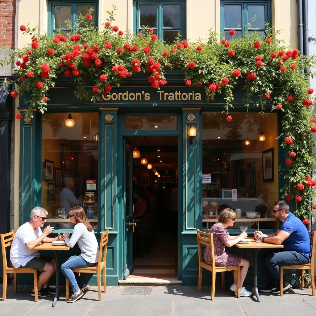 Outdoor diners at Gordon's Trattoria with red roses covering the facade above teal-painted entrance