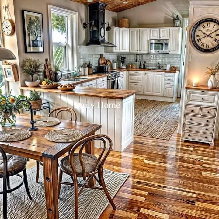 Rustic kitchen and dining area with white cabinetry, wood island, bentwood chairs, and warm wood floors