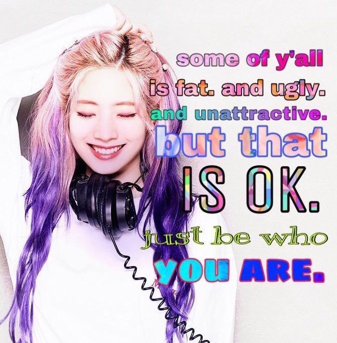Smiling woman with purple-tinted hair and headphones beside colorful quote text