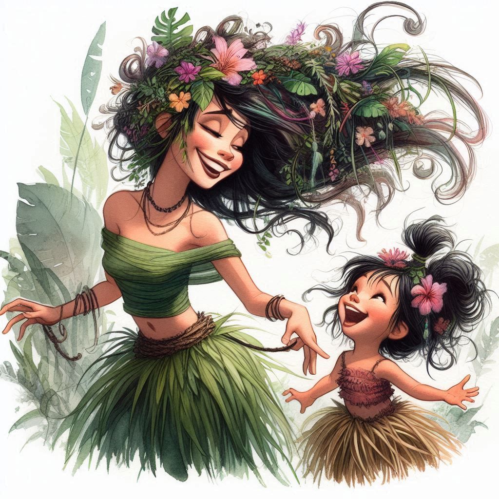 Illustration of a woman and girl in grass skirts and floral headpieces dancing happily together