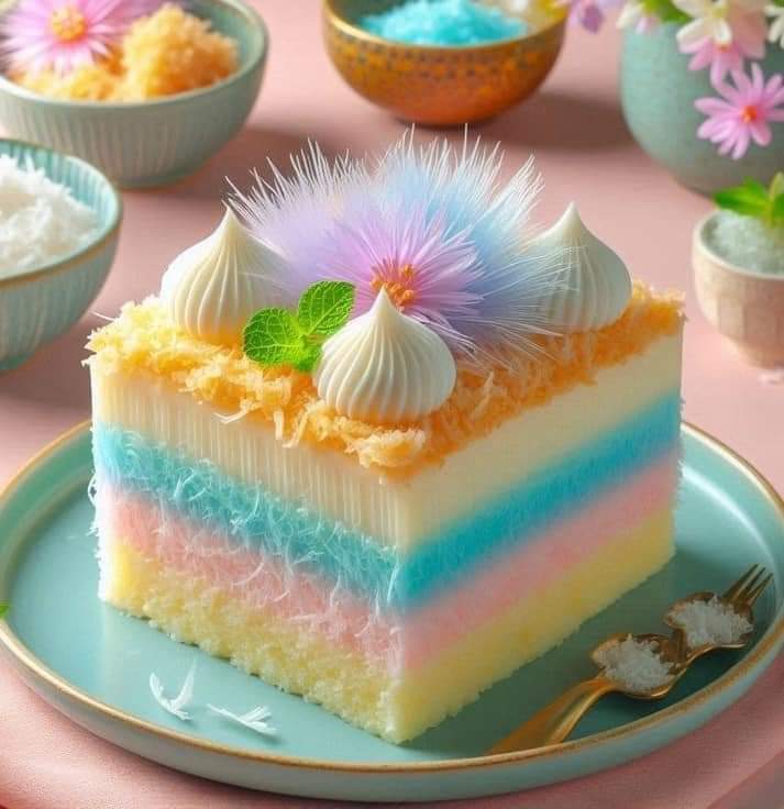 Slice of pastel rainbow layered cake with white meringue and fluffy topping on turquoise plate