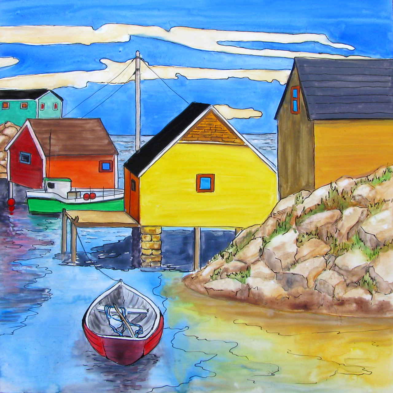 Folk art painting of colorful fishing shacks and red boat on coastal water with rocky shore
