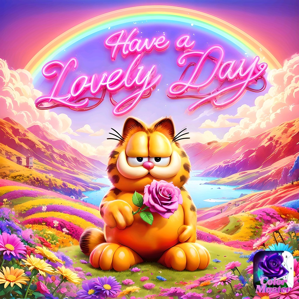 Garfield cat holding purple rose in colorful fantasy landscape with rainbow and neon text
