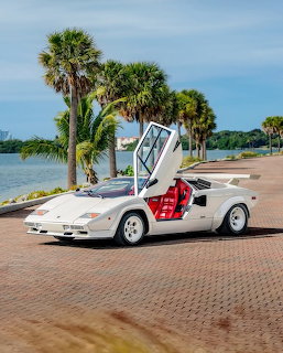 White Lamborghini Countach with scissor doors up by waterfront with palm trees