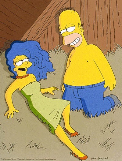 Homer Simpson standing next to Marge Simpson reclining against wooden wall