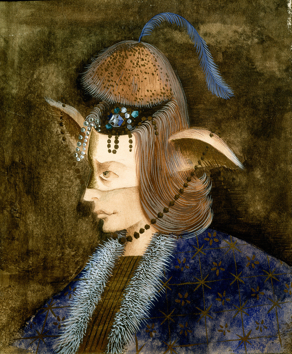 Surrealist profile portrait by Remedios Varo showing a figure with feathered hat, pointed ears, and starred blue robe