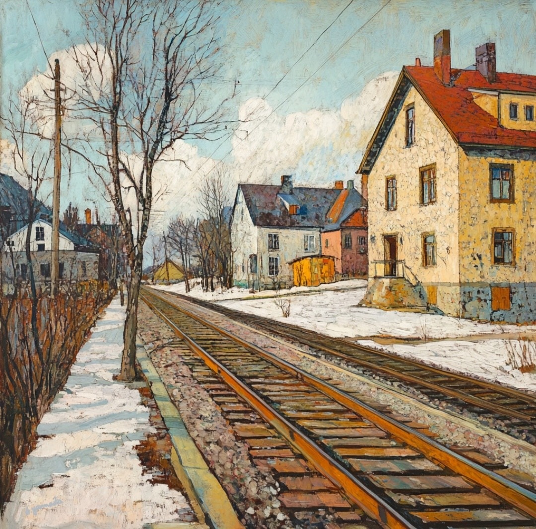 Painting of train tracks beside snowy village houses and bare trees in winter