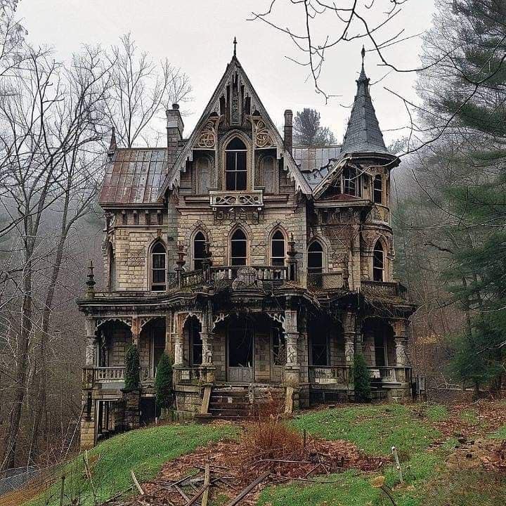 Abandoned Gothic Victorian house on a grassy hill with leafless trees around it