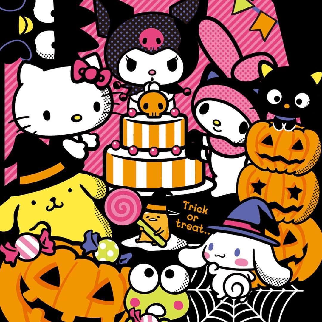 Colorful Halloween-themed illustration featuring Hello Kitty and other Sanrio characters with pumpkins and treats
