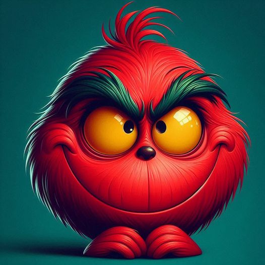Red furry cartoon creature with big yellow eyes and wide smile on teal background