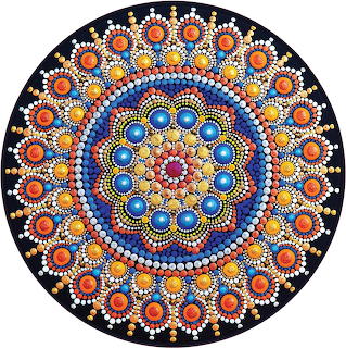 Circular mandala with concentric rings of colorful dot patterns in blue, orange, yellow, and red on black